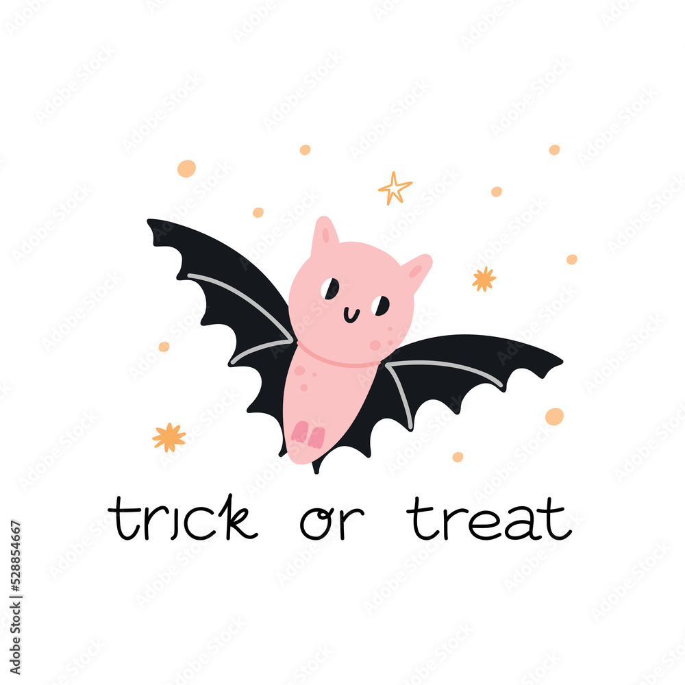 Cute little bat. Halloween kids print. Hand drawn funny character with stars, t-shirt decor. Autumn holiday card or poster. Handwritten trick or treat lettering phrase. Vector cartoon illustration Cute little bat. Halloween kids print. Hand drawn funny character with stars, t-shirt decor. Autumn holiday card or poster. Handwritten trick or treat lettering phrase. Vector cartoon illustration
