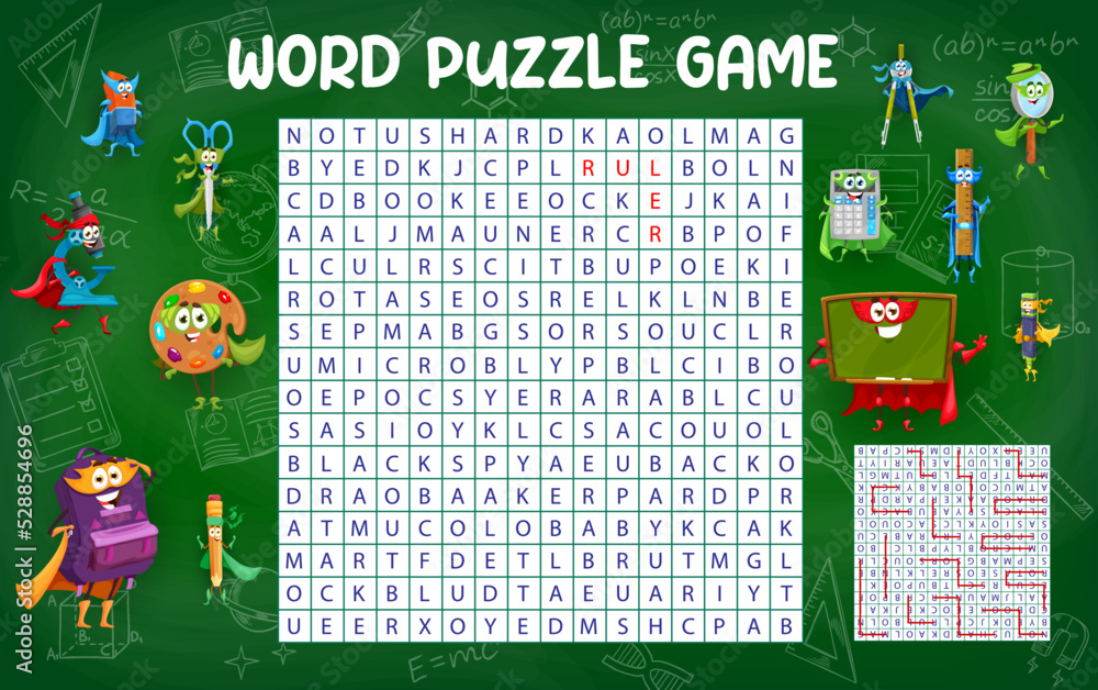 Word search puzzle game. Cartoon school education superhero characters