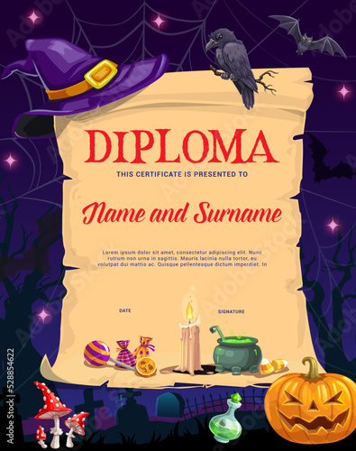 Kids diploma vintage scroll. Halloween witch spell with hat. Child achievement vector certificate or education award with sorcerer hat, crow, bat and creepy pumpkin lantern, magic potion cauldron