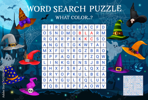 Find a color of Halloween witch hat. Word search puzzle game. Children vocabulary riddle or Halloween word puzzle vector worksheet with sorcerer, mage or witch creepy hat, cemetery ghosts and castle
