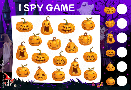 I spy game. Cartoon Halloween eerie pumpkins. Children calculation riddle or kids playing activity vector worksheet with Halloween Jack o lantern, spooky pumpkins carvings and night cemetery monsters