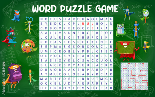 Word search puzzle game. Cartoon school education superhero characters. Kids vocabulary vector puzzle, crossword riddle with eraser, scissors and palette, microscope, backpack, pencil cute personages