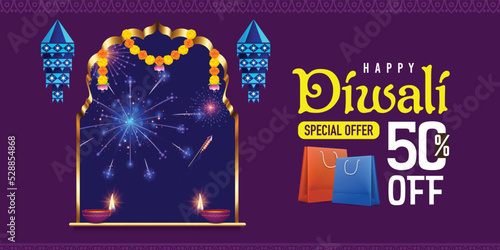 diwali sale, special offer banner concept.Illustration of Fireworks in Night Sky from Traditional Indian Decorative Window