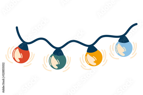 Christmas garland with lanterns. Colored garland for interior decoration, holiday and New Year. Hand drawn vector illustration isolated on the white background.