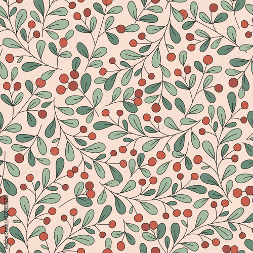 Christmas mistletoe with red berries Xmas plant vector seamless pattern. Boho Vintage holiday season floral decoration background. Holiday season surface design for gift wrapping paper.