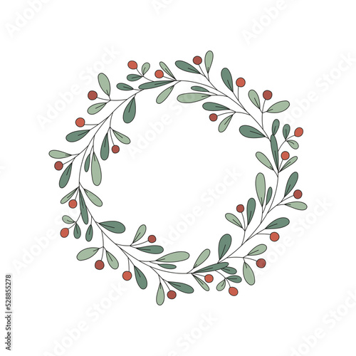 Christmas mistletoe wreath with red berries vector illustration isolated on white. Xmas plant Vintage round frame. Botanical holiday festive season arrangement.