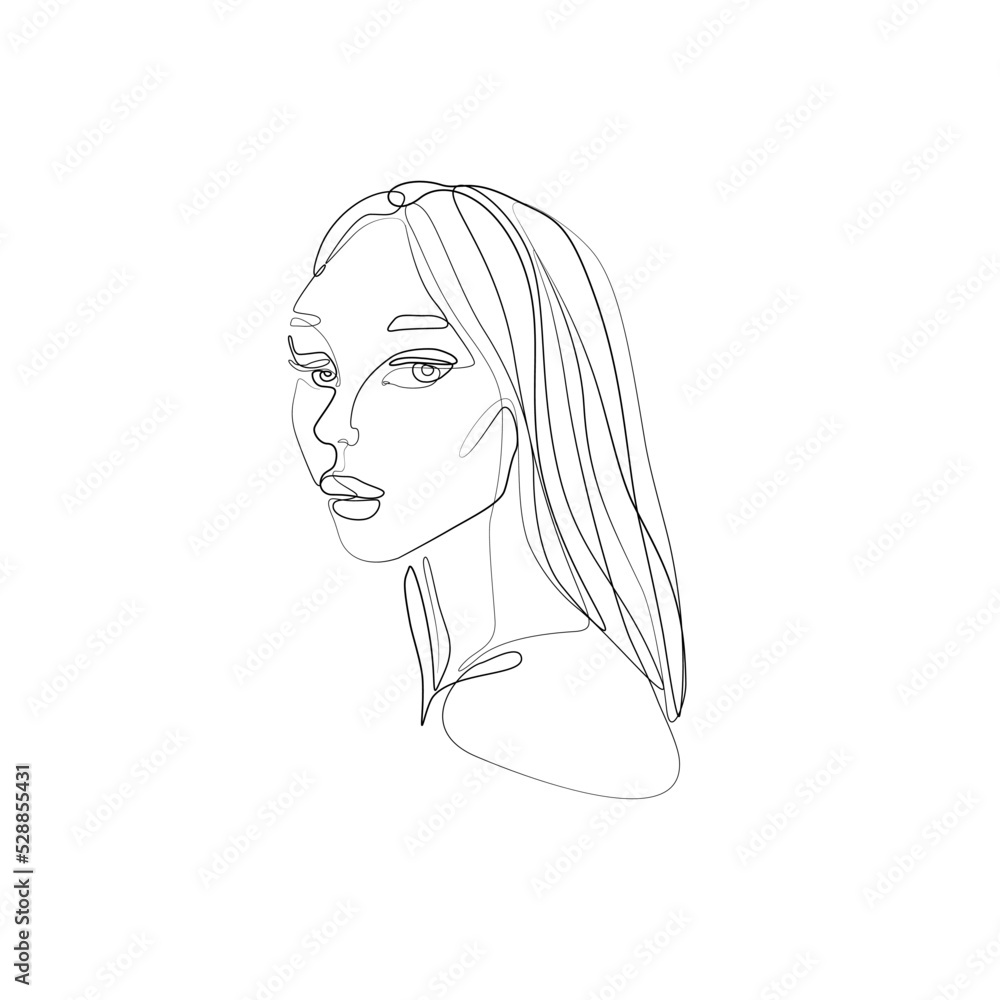 Woman with long hair abstract portrait, continuous line drawing, face of the girl is a single line on a white background, Vector illustration. Tattoo, print and logo design for a spa or beauty salon. Woman with long hair abstract portrait, continuous line drawing, face of the girl is a single line on a white background, Vector illustration. Tattoo, print and logo design for a spa or beauty salon.