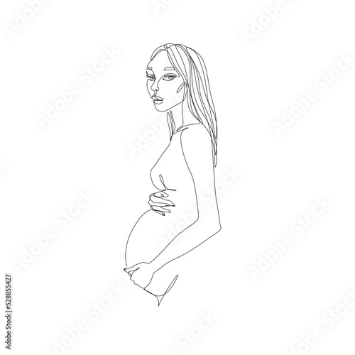Pregnant woman abstract silhouette, pregnancy, continuous line drawing, print for clothes and logo design, emblem or logo design, isolated vector illustration.