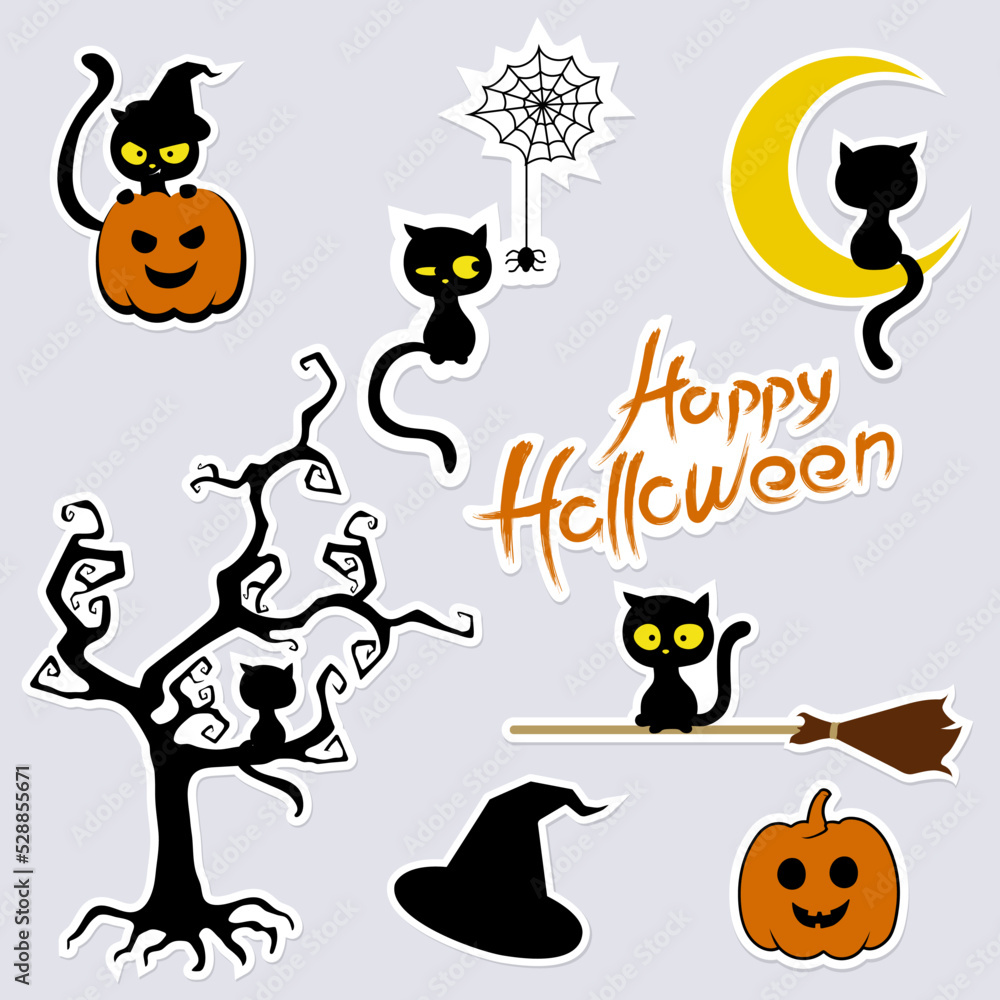 Happy Halloween  stickers set of cats. Vector illustration. 