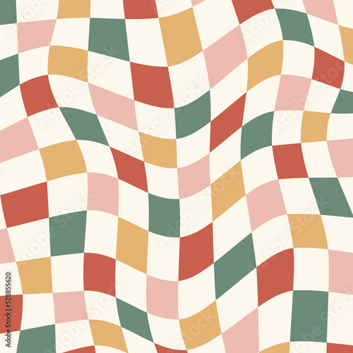 Christmassy wavy groovy checker vector background. Retro Christmas fluid abstract checkerboard backdrop. Xmas curved distorted checks abstract geometric seamless pattern.