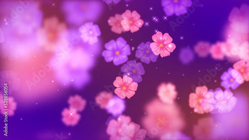 Abstract Fantasy Purple Red Orange Blurry Focus Flying Blooming Flower Shape Particles With Stars Light Background