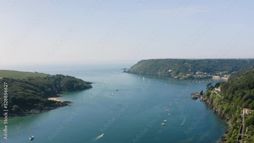 Panoramic View Of The Famous Kingsbridge Estuary In Salcombe, Devon, England. Aerial Wide Shot Panoramic View Of The Famous Kingsbridge Estuary In Salcombe, Devon, England. Aerial Wide Shot