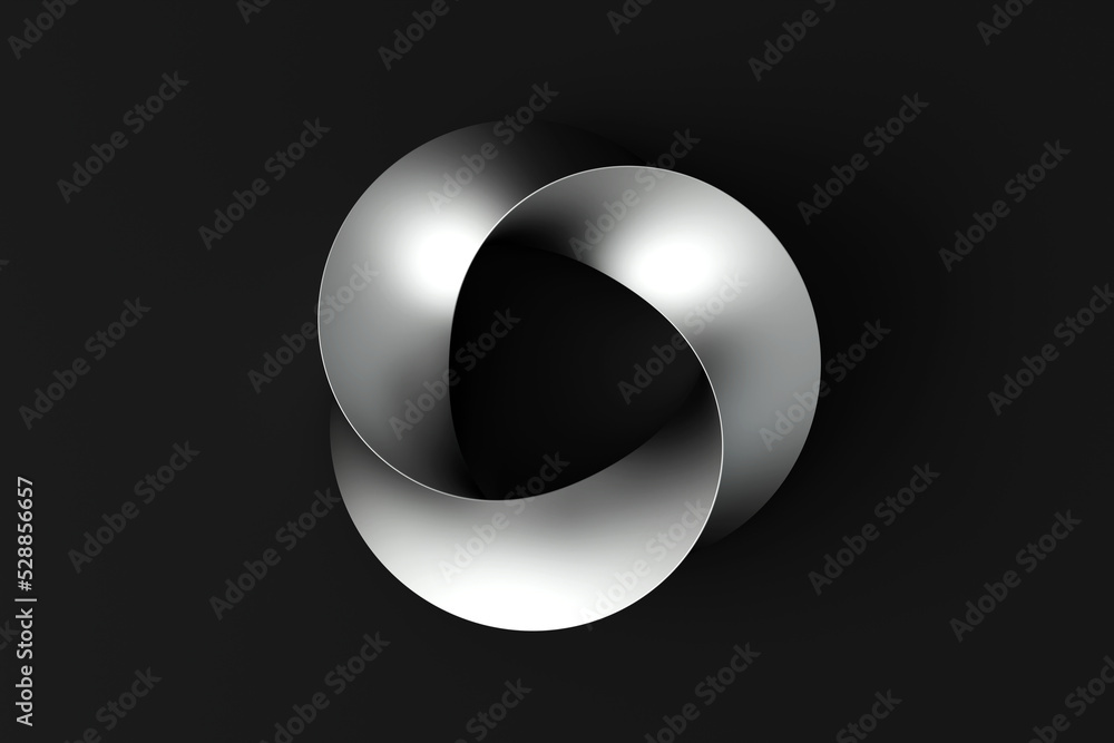 Mobius strip ring sacred geometry. Spatial figure with upturned surfaces. Silver metal ring .Front view of cover design on black background. Minimal art, abstract digital illustration. 3d rendering