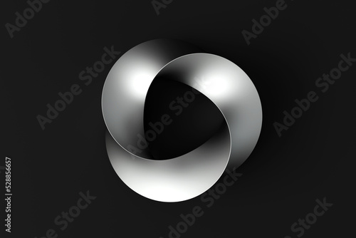 Obraz na płótnie Mobius strip ring sacred geometry. Spatial figure with upturned surfaces. Silver metal ring .Front view of cover design on black background. Minimal art, abstract digital illustration. 3d rendering w salonie