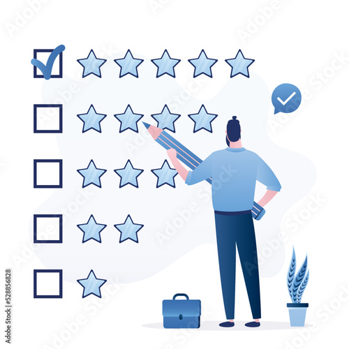 Businessman uses pencil to review and giving stars quality result. Evaluation or satisfaction feedback, performance rating or customer review, rate service. Online survey, testimonials.