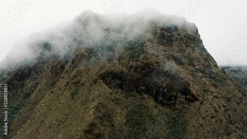 Fine Clouds Moving Over Andes Mountaintop In Cayambe Coca National Park In Papallacta, Ecuador. Aerial Drone Shot