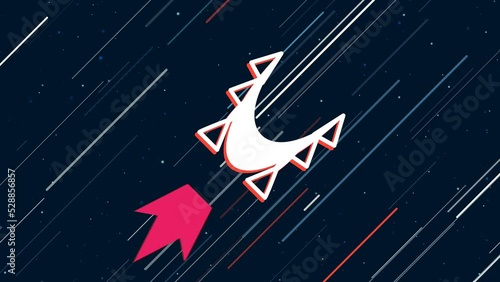 Yoga hammock symbol flies through the universe on a jet propulsion. The symbol in the center is shaking due to high speed. Seamless looped 4k animation on dark blue background with stars