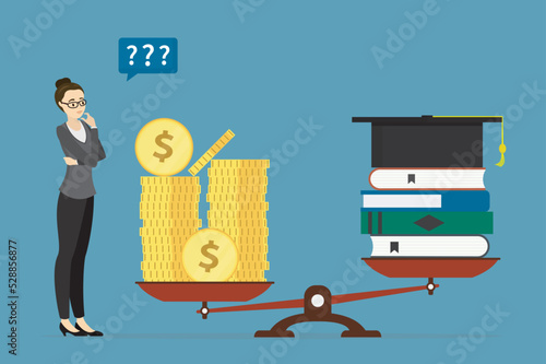 Unhappy woman student looks at unbalanced scales. High cost of education. Gold coins, textbooks and graduate hat on scales. High college fees. Lack of access to education and courses.