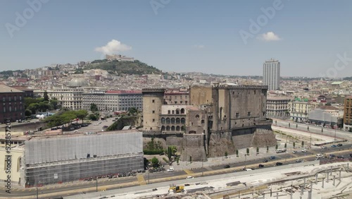 Iconic medieval Castel Nuovo in Naples, Campania, Italy; aerial view photo