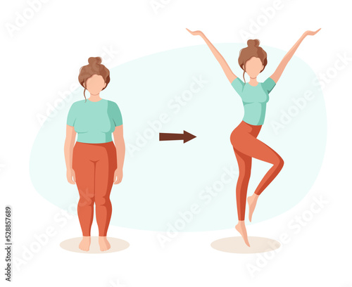 The result of a healthy lifestyle. A woman before and after. Sports and diet. Cartoon design.