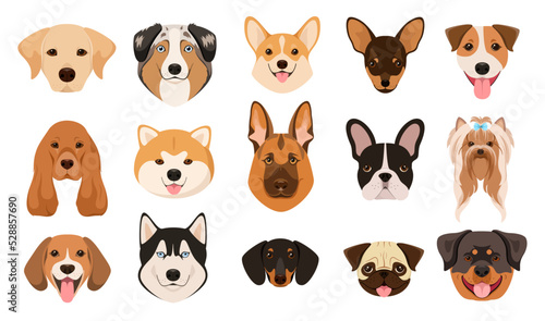 A set of dog heads on a white background. Cartoon design.