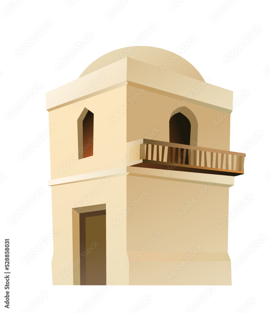 Arab clay double decker hut with balcony. Middle Eastern adobe dwelling. Africa and Asia traditional house. Isolated on white background Vector.