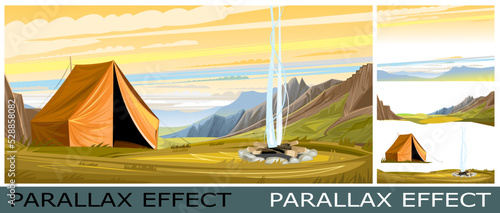 Campfire tent in mountains. Sunset, sunrise. Clouds, rocks and hills. Tourism. Far horizon travel. Nature landscape illustration . Image from layers for overlay with parallax effect. Vector.