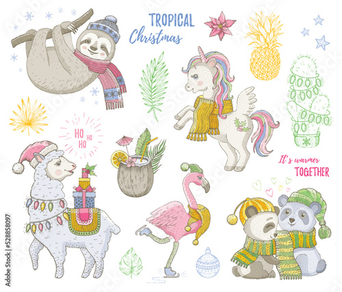 Christmas tropical animals. Unicorn llama sloth flamingo panda. Cute card. Funny girl character. Vintage vector holiday pattern. Winter xmas sketch illustration. Merry Christmas cartoon tropic animals