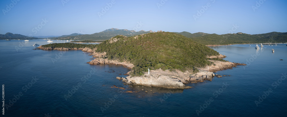 Panorama of the rocky shores of the island of Sardinia in Italy, aerial view. Aerial panorama of Grotta dei Cinghiali, Sardinia. Aerial view of coastline of Sardinia beach, Italy.