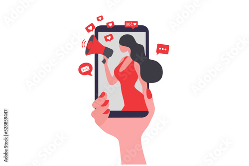 Beautiful woman shouting in loud speaker with social media icons. Influencer social media marketing, blogger, vlogging, social influencer and influencer marketing concept vector illustration	