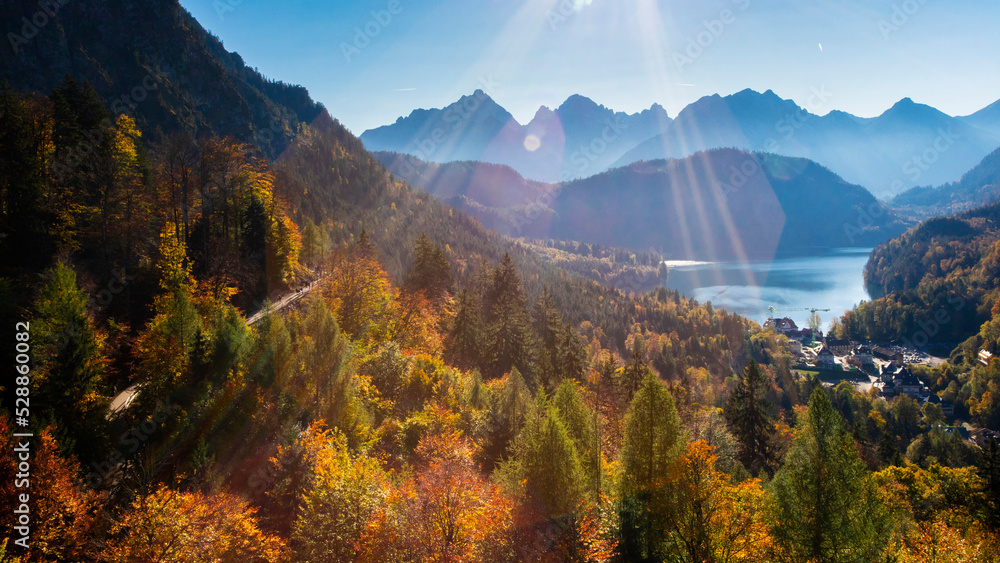 Germany, Bavaria, Schwangau, Neuschwanstein Castle, mountains, sunset