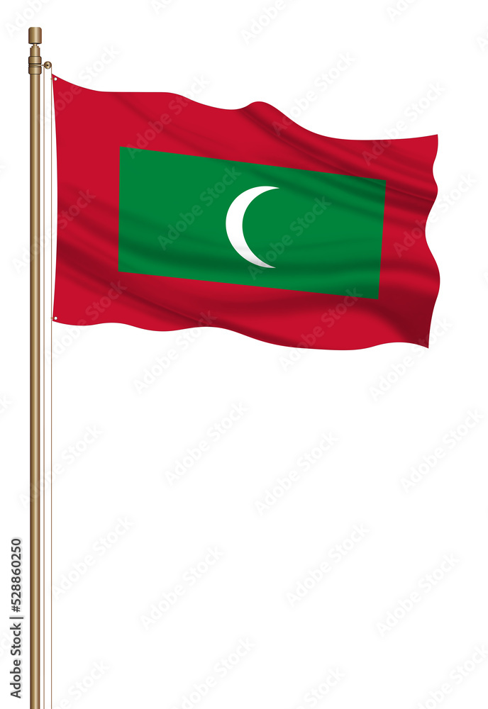 3D Flag of Maldives on a pillar blown away isolated on a white background. 3D Flag of Maldives on a pillar blown away isolated on a white background.