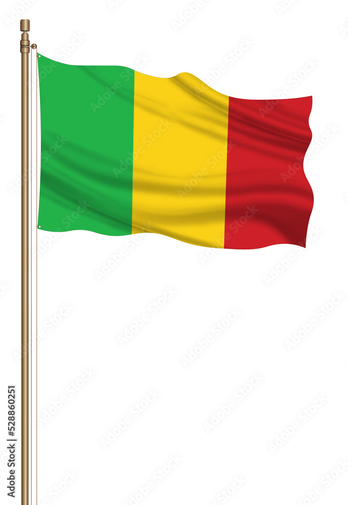 Obraz premium 3D Flag of Mali on a pillar blown away isolated on a white background.