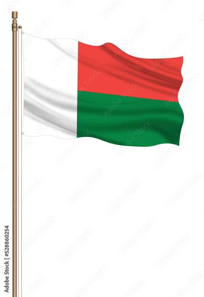 3D Flag of Madagascar on a pillar blown away isolated on a white background. 3D Flag of Madagascar on a pillar blown away isolated on a white background.