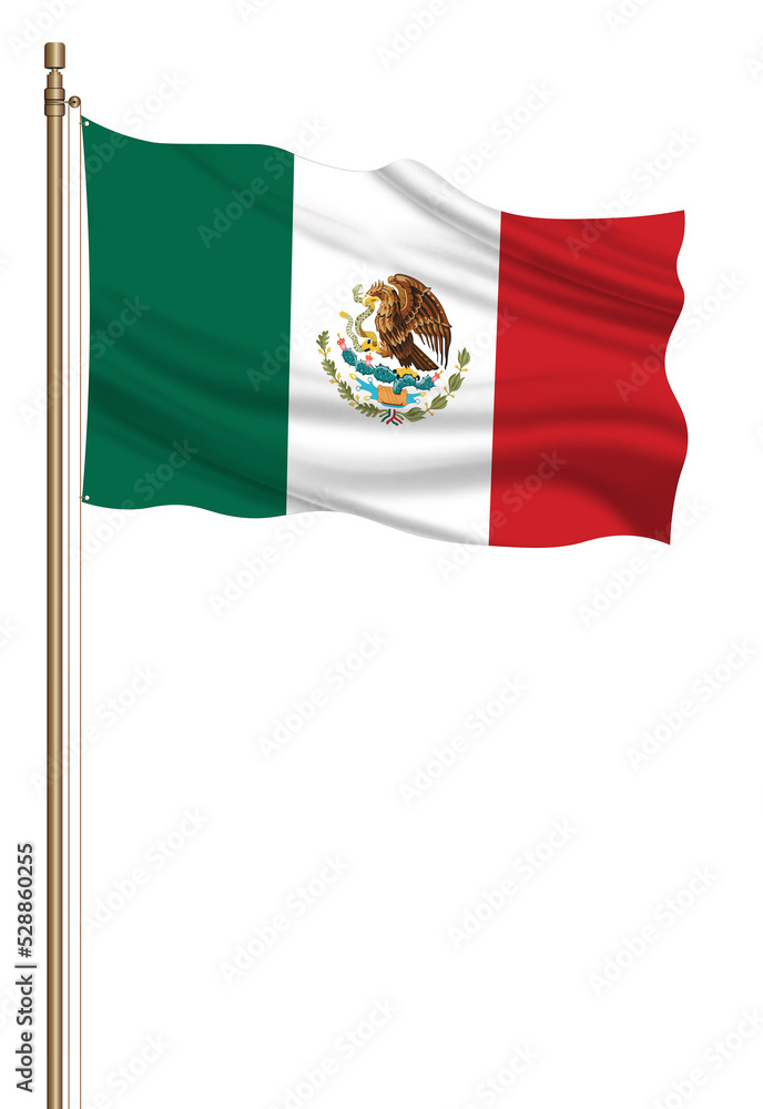 Fototapeta premium 3D Flag of Mexico on a pillar blown away isolated on a white background.