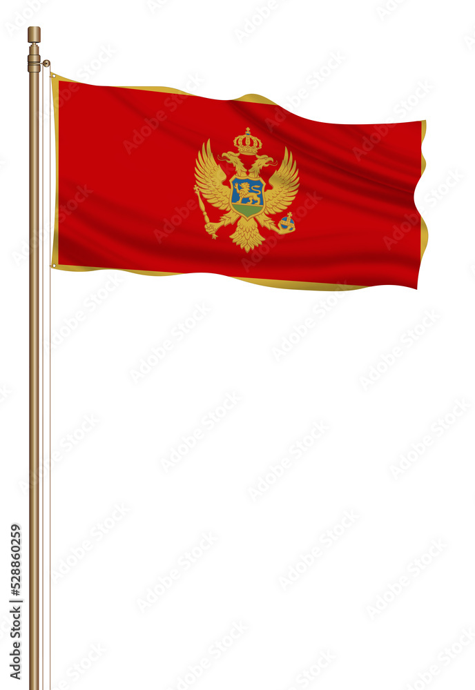 3D Flag of Montenegro on a pillar blown away isolated on a white background. 3D Flag of Montenegro on a pillar blown away isolated on a white background.
