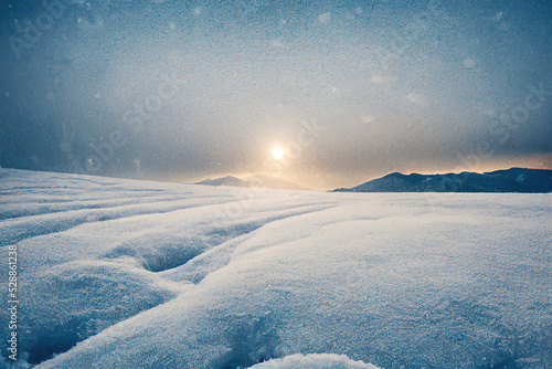 Winter background, Majestic winter landscape glowing by sunlight in the morning. falling snow over winter landscape with copy space. 3d illustration. © OP38Studio