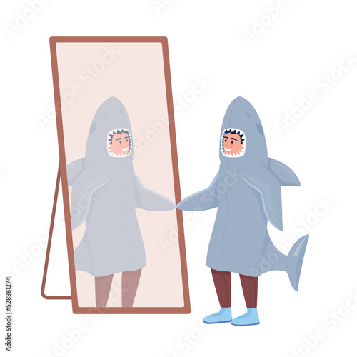Boy looking at his reflection semi flat color vector character. Editable figure. Full body person on white. Shark costume simple cartoon style illustration for web graphic design and animation