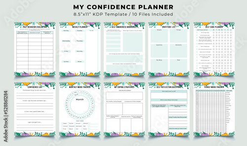 My confidence minimalist diary, daily, monthly, and weekly planner floral pages design collection set of vector template