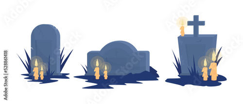 Tombstones semi flat color vector objects set. Editable elements. Full sized item on white. Ancient cemetery simple cartoon style illustrations pack for web graphic design and animation