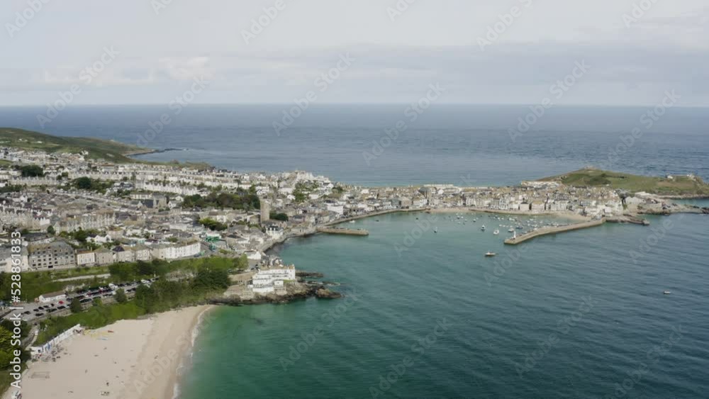 Panoramic View Of St Ives Harbour With Porthminster Beach In Cornwall, England. Aerial Wide Shot Panoramic View Of St Ives Harbour With Porthminster Beach In Cornwall, England. Aerial Wide Shot