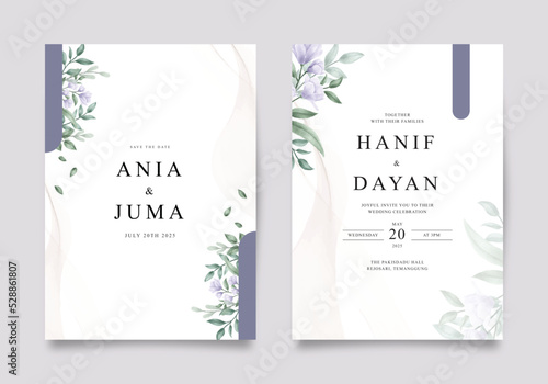 Beautiful wedding invitation with purple flowers and green leaves