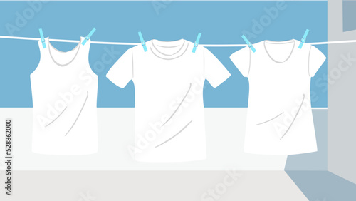 1 White vest, 2 t-shirts hanging on clothesline with six  blue clips, outside white building with white wall and blue sky in background, realistic minimalist illustration vector