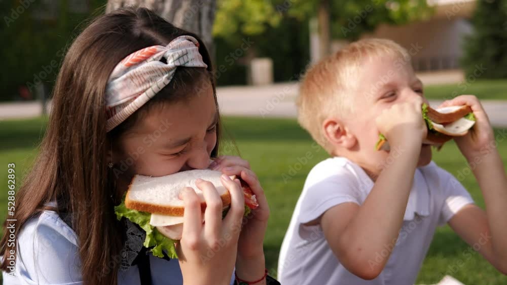 Close-up of school children biting fresh sandwiches in the park on the grass. Close-up of school children biting fresh sandwiches in the park on the grass.