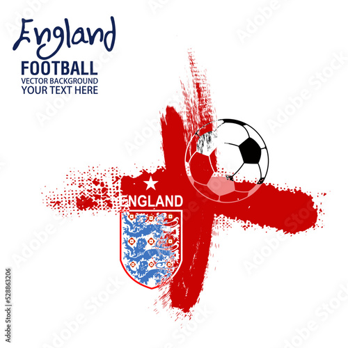 Soccer ball on England flag background from paint brushes. Vector illustration, suitable for your project: website, poster, display, banner, brosur, templates