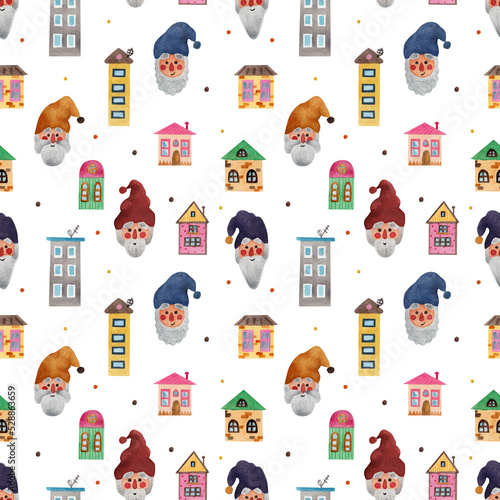 Funny gnomes and cute houses. Watercolor illustration. Seamless pattern