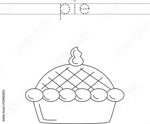Trace the letters and color cute pie. Handwriting practice for kids.