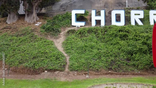 Drone video of a red sign reading 