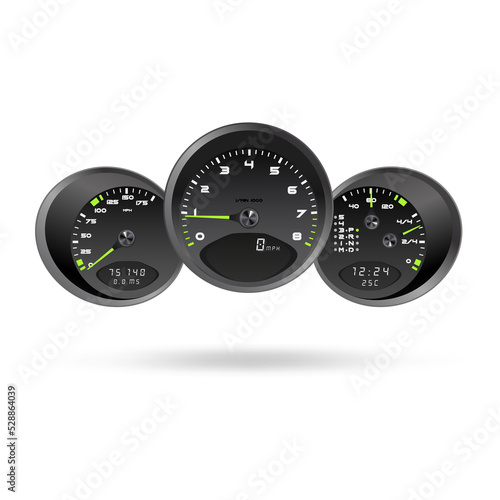 3d illustration, dashboard car speedometer, steering wheel realistic 3d icon 