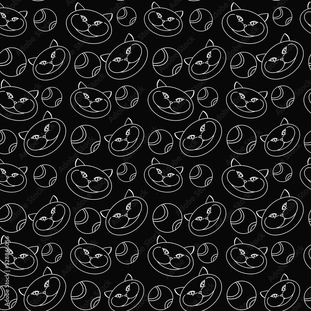 Cats and balls. Seamless pattern. Sketch. White on black. Line Cats and balls. Seamless pattern. Sketch. White on black. Line